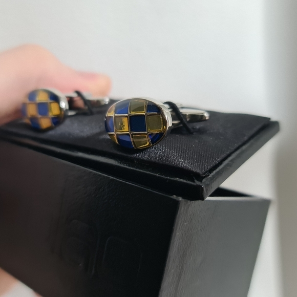 Blaq Mens Cuff Links Checked Cufflinks Silver Blue Yellow - Picture 4 of 7